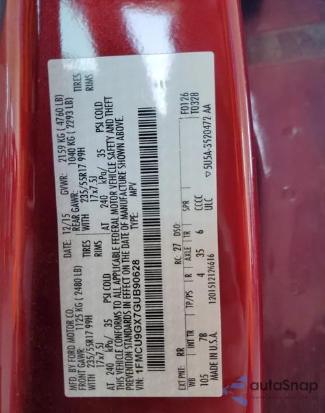 2016 Ford Escape Se из США, поврежденный, VIN 1FMCU9GX7GUB90628